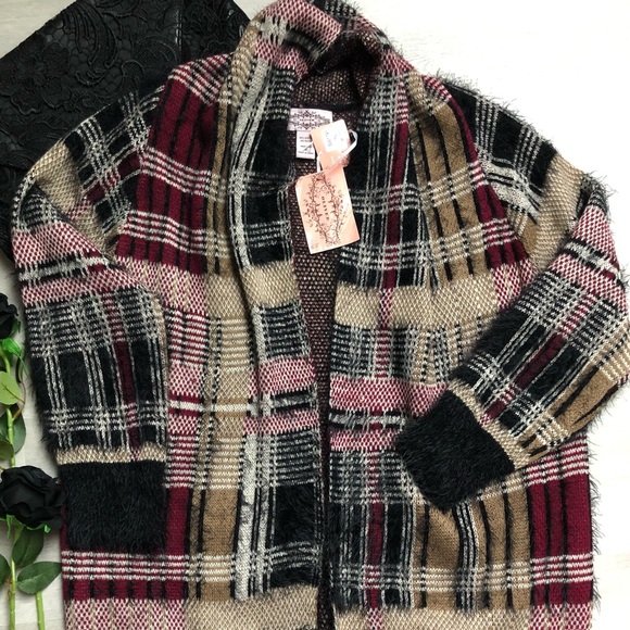 Anthropologie Oliver by Escio Maroon Plaid Open NWT Cardigan Size XL - Picture 2 of 9